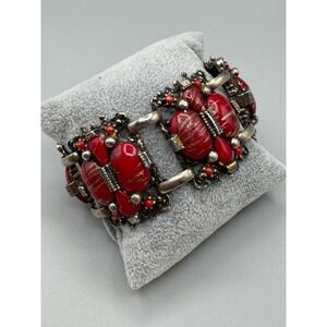 Vintage Red Glass Statement Bracelet Chunky Ornate Gold Tone #1043